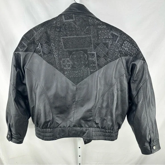 Vintage 80s Wilsons Womens Black Leather Batwing Bomber Jacket Embossed Sz XL - Picture 7 of 10